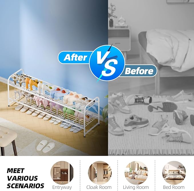 2 Tier Shoe Rack for Closet, 44 Inch Extra Long Shoe Storage Organizer for Shelves, Heavy Duty Metal, Easy Assembly, White-NeatNest