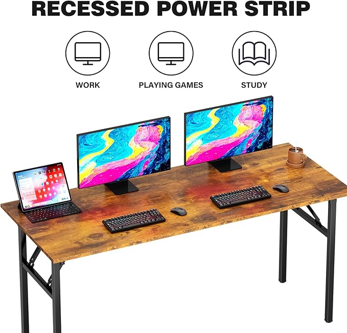 DlandHome Folding Table Computer Desk 62 Inches Workstation Table Conference Table Home Office Desk Fully Assembled Retro and Black Frame-NeatNest