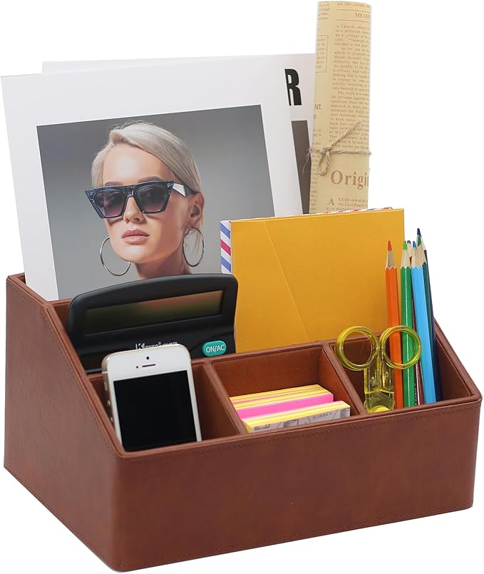 Desk Organizer, Mail Organizer Countertop, Bills Organizer, Mail Sorters, Magazine Holder, Desk Organizer and Accessories for Office Supplies, Brown Leather-NeatNest