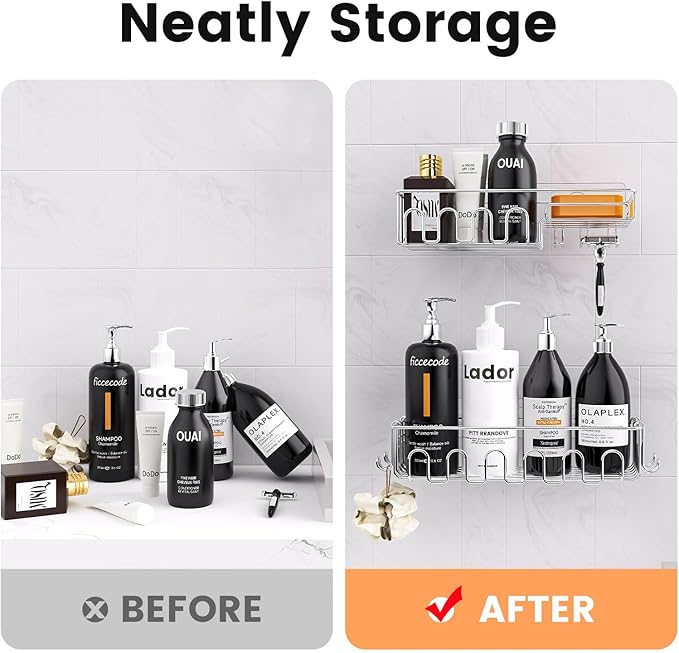 Adhesive Shower Caddy: 2 Bonus Hooks, 4-Pack Wall Mounted Bathroom Storage Shelf, Rustproof Metal Basket Organizer for Kitchen & Bathroom No Drill Silver