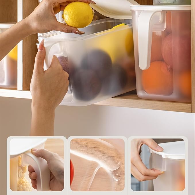 MineDecor 4 Pack 4.5L Plastic Storage Containers Square Food Storage Organizer Stackable Refrigerator Organizer Handle Kitchen Containers with Lids for Fruits Vegetables Meat Egg