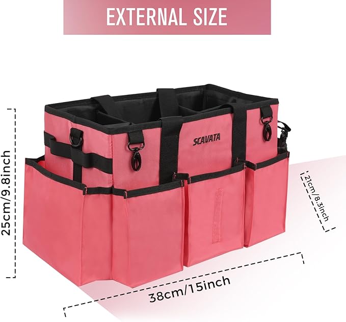 Wearable Cleaning Caddy Bag, Cleaning Caddy Supplies Organizer with Handle & Shoulder Straps for Housekeepers, Under Sink & Car Cleaning Tool Organizers with 4 Foldable Divider (RoseRed)