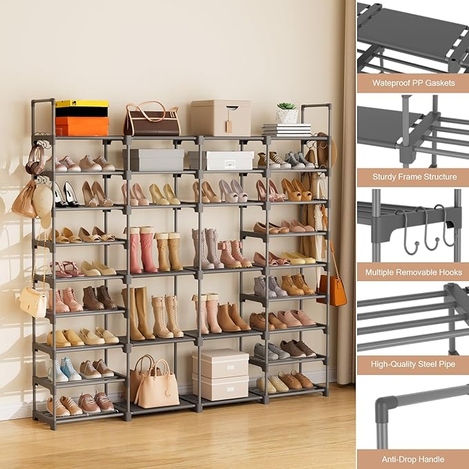 ROJASOP Large Shoe Rack Organizer for Entryway Closet 64-68 Pairs 9-Tier Heavy Duty Tall Garage Shoe Rack Shoe Shelf Shoes Storage with 18 Pcs Removable Side Hooks for Bedroom and Garage Grey-NeatNest