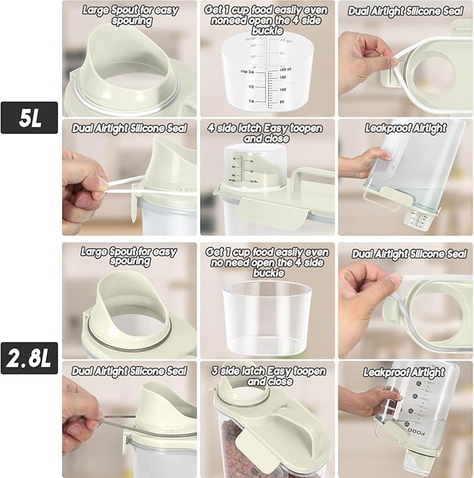 Dog Food Storage Container, Upgraded Large Nozzle BPA-free, 8-12 LBS Plastic Pet Food Storage Containers, With 4 Sealed Clasps, 1 Measuring Cup and Handle (2, Beige (3L+5L), (3L+5L))-NeatNest
