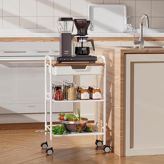 3 Tier Rolling Cart with Drawer, Metal Rolling Storage Cart with Table Top, Modern Utility Cart on Wheels Kitchen Cart Storage Organizer for Bathroom Office Living Room, White-NeatNest