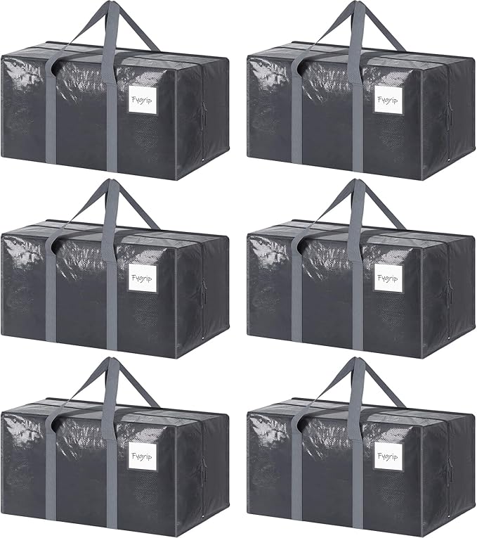 6 Pack Extra Heavy Duty Large Moving Bags with Strong Zipper & Comfortable Handles, Sturdy & Durable Clothes Storage Bags Totes Bins, Packing Moving Boxes for College Supplies, Gray-NeatNest
