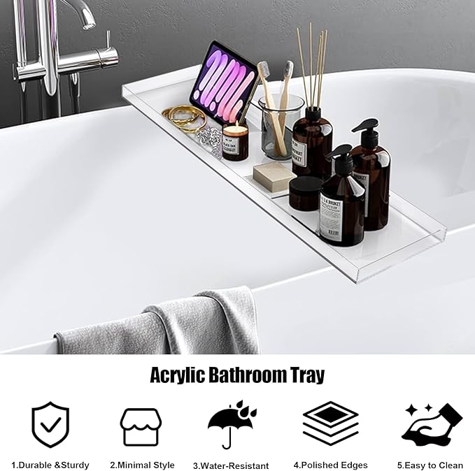 Acrylic Bathtub Tray, 32.28in Clear Bath Caddy, Bathroom Caddy Tray for Bathtub, Acrylic Bathtub Tub for Holds Soap, Towels, Paper Towels, Candles, Body wash, Shampoo, Plants
