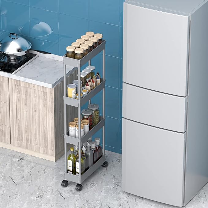 Sooyee 4 Tier Slim Storage Cart,Rolling Storage Cart,Narrow Shelf,Bathroom Rack,Mobile Shelving Unit Organizer for Kitchen, Bathroom, Laundry Room, Grey