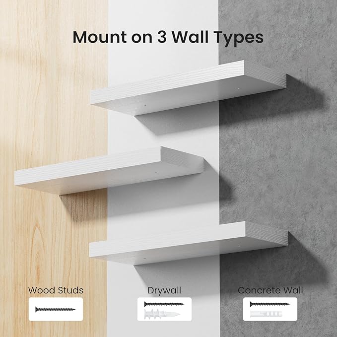 AMADA HOMEFURNISHING Floating Shelves, Wall Shelves for Bathroom/Living Room/Bedroom/Kitchen Decor, White Shelves with Invisible Brackets Set of 3 - AMFS08-NeatNest