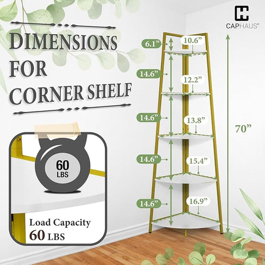 CAPHAUS Tall Corner Shelf Stand, 5-Tier Display Shelves, Ladder Corner Wood Storage Plant Bookshelf with Metal Frame, Versatile Shelving Unit Bookcase for Home Office Space, Gold-NeatNest