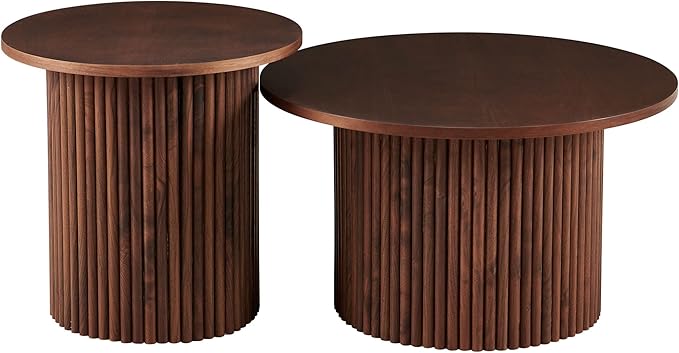 2-Piece Nesting Coffee Side Table Set of 2, Round Nightstand End Table with Fluted Wood Strip Base,Engineered Wood Nesting Tabletop with Solid Walnut Wood Veneer, Elegant Side Table