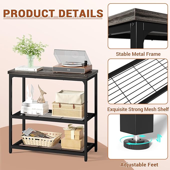 32" Small Console Table, 3-Tier Entryway Table, Sofa Table with Mesh Shelves, Console Tables for Living Room, Bedroom, Hallway, Entryway, Foyer, Grey-NeatNest