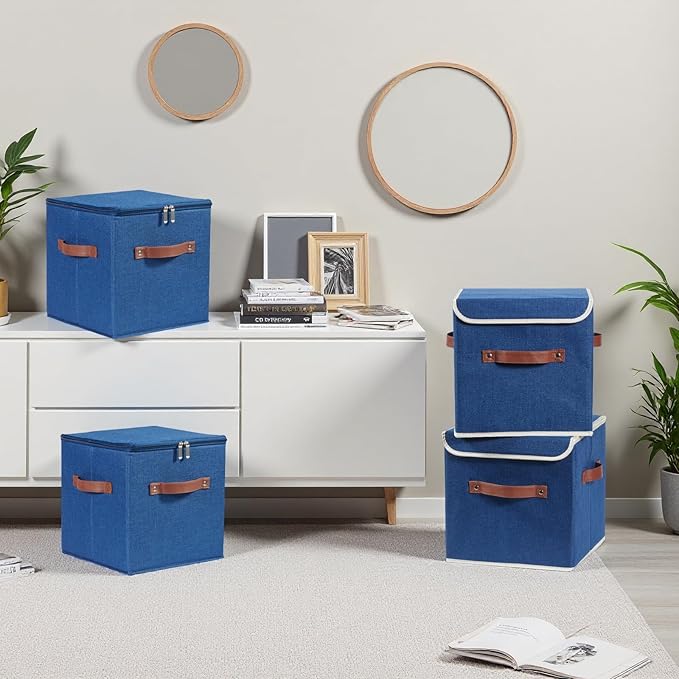 2PCS Storage Cubes with Lid Fabric Bins Boxes PU Leather Handles Cotton Linen Closet Organizer Container Decorative Foldable Washable Shelf Cloth Basket (Flip-top Lid, Deep Blue, 11in)-NeatNest
