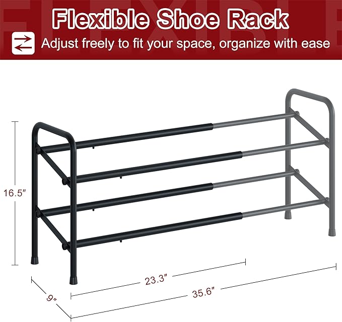 Housen Solutions 2 Tier Expandable Shoe Rack for Closet, Adjustable Shoe Shelf Storage Organizer for Small Space,Heavy Duty Metal Free Standing Shoe Rack for Entryway Closet, Black-NeatNest