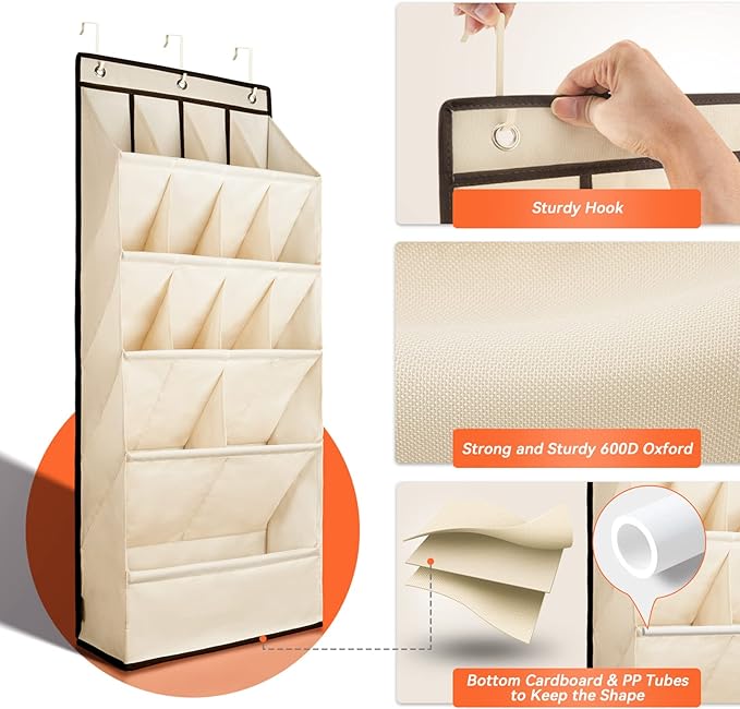 FENTEC 1 Pack Over the Door Shoe Organizers, Hanging Shoe Organizer with Large Deep Pocket Shoe Holder for Closet Shoe Rack for Wall, Over Door Shoe Storage Hold up to 18 Pairs Shoe, Beige-NeatNest