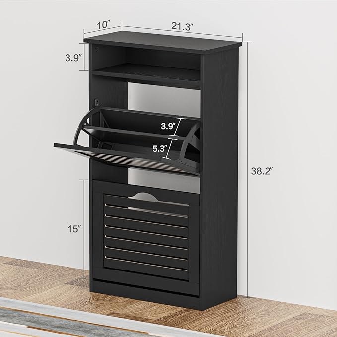 Shoe Storage Cabinet with 2 Flip Drawers & Top Cubby, Shoe Cabinet for Entryway Slim, Free Standing Shoe Rack Cabinet, Narrow Shoe Organizer for Entryway, Hallway, Black-NeatNest