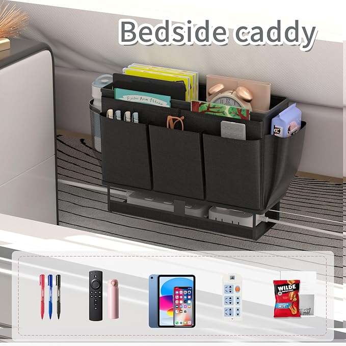 Bedside Caddy, Bed Organizer with 11 Pockets and Power Strip Holder,Versatile Bedside Storage Caddy for Home,Dorm,Bunk,Hospital,Crib Bed (2 Pack Black)-NeatNest