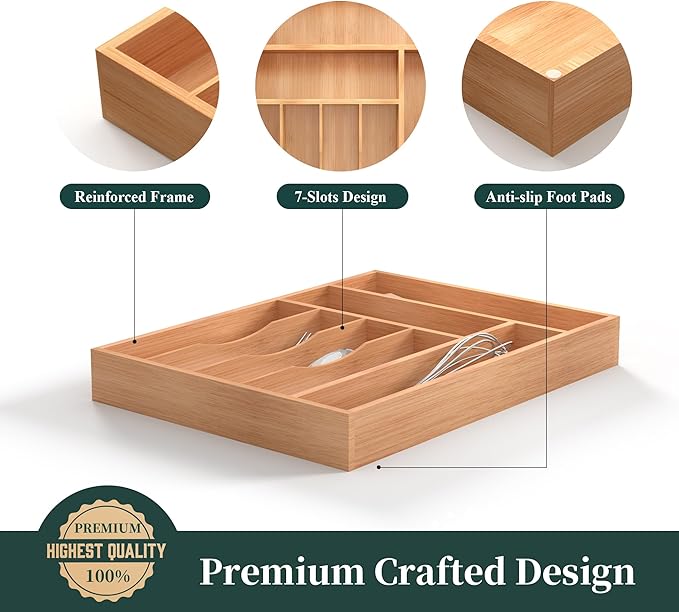 Bamboo Silverware Organizer, Kitchen Drawer Organizer, Utensil Holder, Cutlery Tray & Spoon Flatware Storage with Grooved Drawer Dividers (7 Slots, Natural)-NeatNest