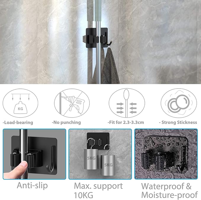 Mop Broom Holder No Drill, Mop Broom Organizer Wall Mounted Heavy Duty with Hooks Hanger, Self Adhesive Stainless Steel 4Pcs for Bathroom, Kitchen, Office (Black)-NeatNest