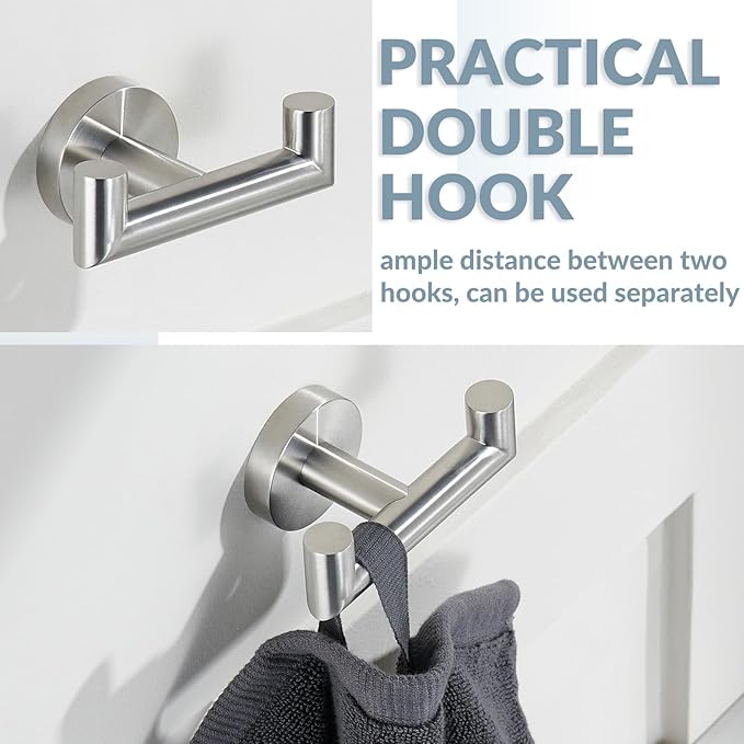 APLusee Bath Towel Hook, 304 Stainless Steel Double Robe Hanger Brushed Nickel, Functional Home Organizer Wall Mounted