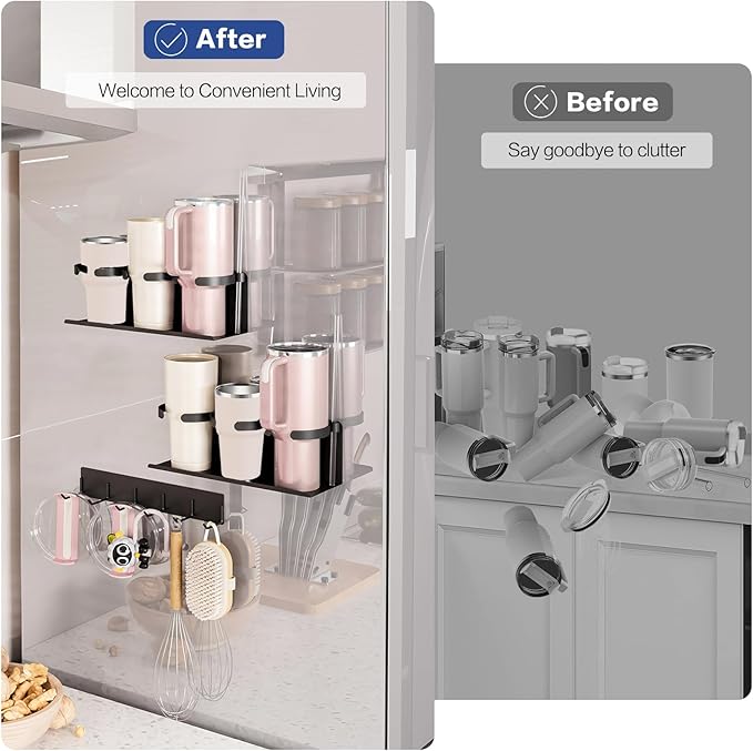 KALYLOC 2 Packs Magnetic Cup Holder for Stanley Cup 30/40 oz, Water Bottle Organizer for Stanley Cup Accessories with 6 Hook for Fridge, Tumbler Holder Organizer Storage Rack for Kitchen Cabinets