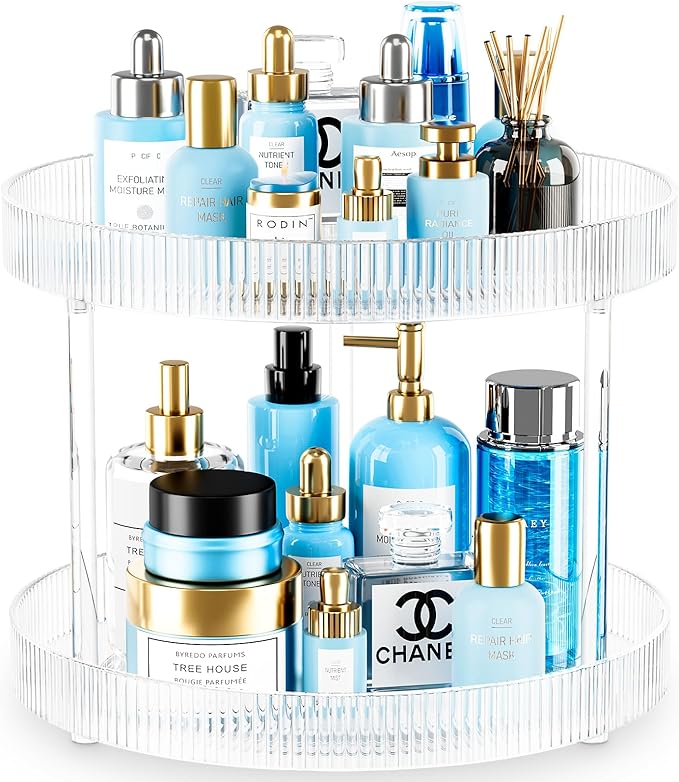 360° Clear Rotating Storage Tray, 2 Tier Lazy Susan Bathroom Countertop Organizer, Cosmetics and Perfume Organizer, Spinning Storage Tray Vanity Organizer Shelf for Bathroom Cabinet, Kitchen(Medium)-NeatNest