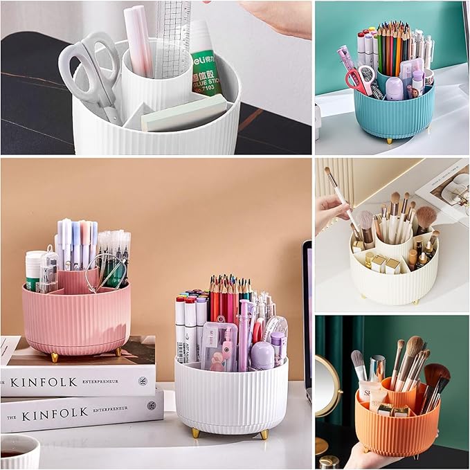 DASITON Large Capacity Makeup Brush Holder,360° Rotating Makeup Organizer,5 Slot Makeup Brushes Cup,for Vanity Decor,Bathroom Countertops,Desk Storage Container,Cosmetic Display cases(Pink)-NeatNest