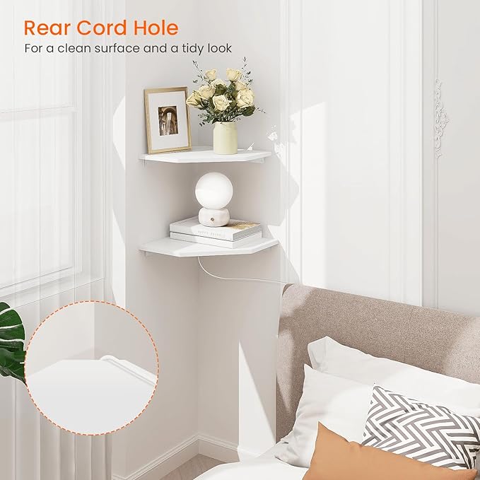 Homode Corner Shelf Wall Mount, Set of 2 Corner Floating Shelves with Cord Hole for Speaker, Cable Box, 2 Tier Wood Hanging Storage Shelf for Bathroom Living Room Bedroom, White-NeatNest