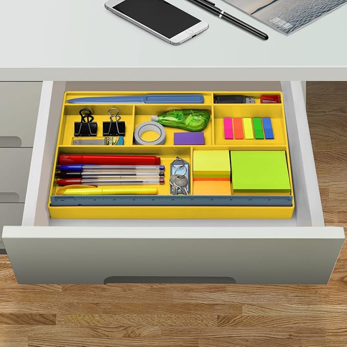 Acrimet Desk Drawer Organizer Tray with 8 Compartments – Multi-Purpose Bin for Office Supplies, Makeup, and Accessories – Fits inside Drawers or Desktops, 12.75" x 8" x 1.06" (Plastic) (Yellow Color)-NeatNest