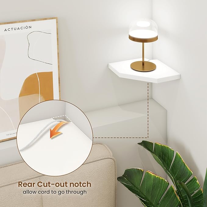 Fun Memories Corner Shelf Wall Mount, Solid Oak Wood Floating Corner Shelves with Cable Hole, 7in Rustic Design for Bedroom, Bathroom, Kitchen, Living Room (White, 1 Pack)-NeatNest