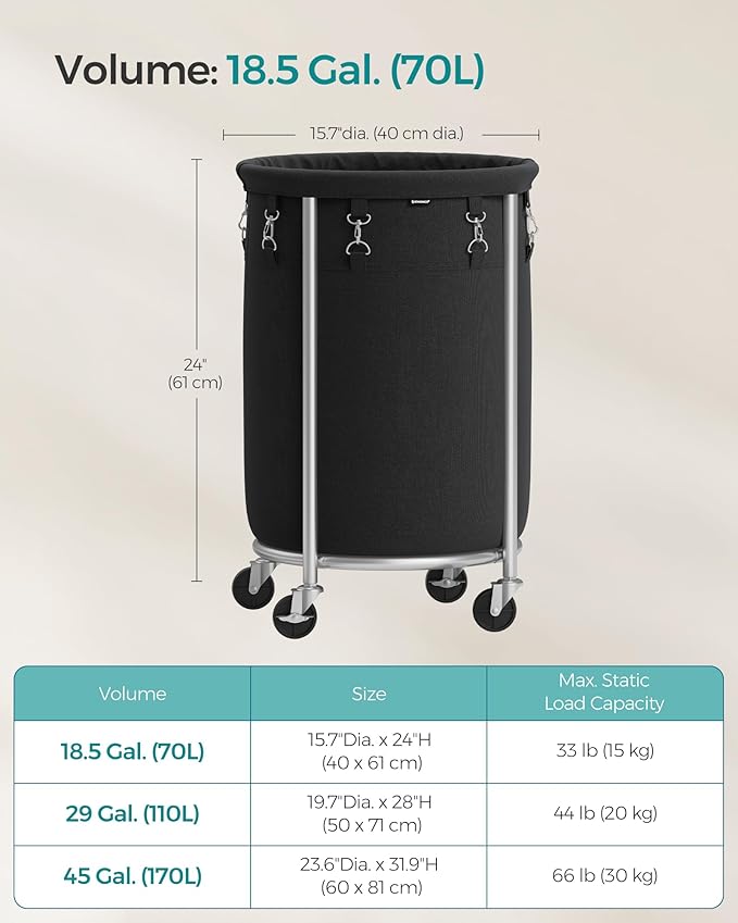 SONGMICS Laundry Basket with Wheels, Rolling Laundry Hamper, 18.5 Gal., Round Laundry Cart with Steel Frame and Removable Bag, 4 Casters and 2 Brakes, Black and Silver URLS006B01
