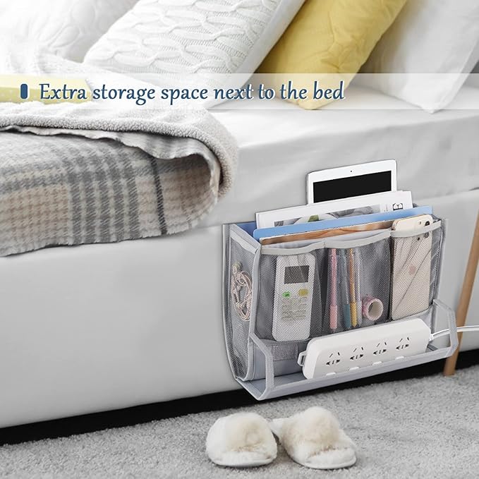 Bedside Caddy Bedside Storage Organizer Bedside Organizer with Power Strip Holder and 2 Adjustable Straps for Home Bunk Bed College Dorm Sofa (2 Pack Light Gray)-NeatNest