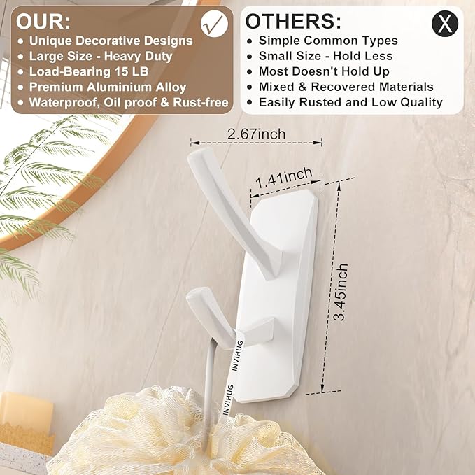 INVIHUG, Large Size Modern Adhesive Wall Hooks, Heavy Duty RV Hooks for Hanging Jacket, Coat, Towel, Robe, Loofah in Bathroom, Kitchen and Office Wall Mount (2 Packs, White)