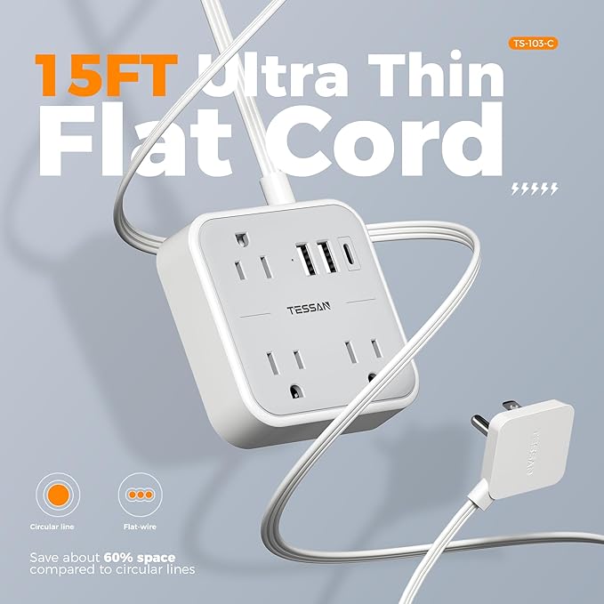 Extension Cord Flat Long Power Strip 15 FT, TESSAN Surge Protector Power Strip with USB Ports (1 USB C), Flat Wall Outlet Extender with 3 Outlets for Home, Office, School, Dorm Room Essentials-NeatNest