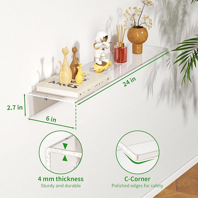 FEMELI 2 PCS 24" Acrylic Floating Shelves, Clear Shelf for Display, Plant, Perfume, Book in Bedroom Living Room Office, 5mm Thick Wall-Mounted Acrylic Shelves for Wall