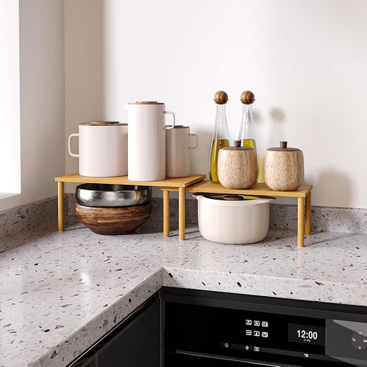 Cabinet Organizer Shelf(Set of 2),Kitchen Counter Shelves,Bamboo Stackable Expandable Spice Rack Countertop(Large)-NeatNest