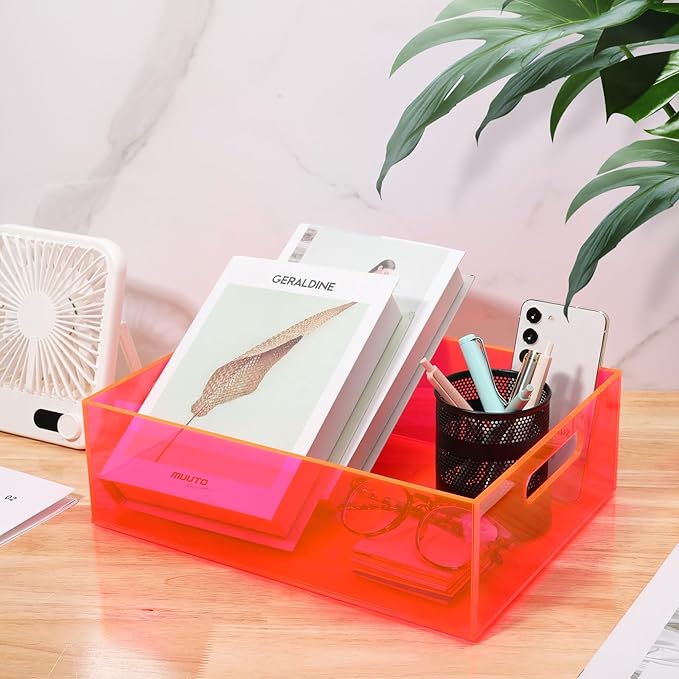 Acrylic Storage Bin Pantry Storage Container with Handles Kitchen Organizer Bin for Cabinet Cupboard Organization, Heavy Duty, 12.6 x 9.4 x 4'', Neon Pink