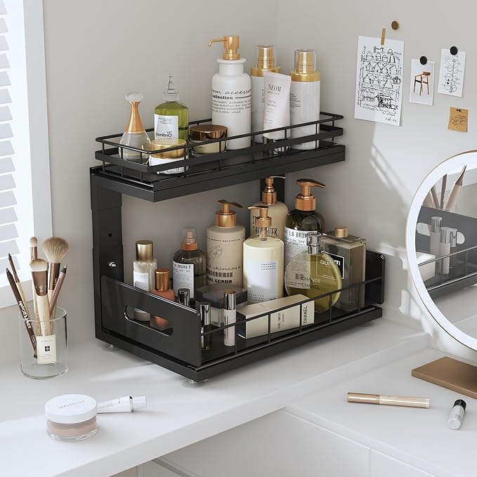 1 Pack Under Sink Organizer Upgrade To Professional Rails,2-Tier Dual Pull Out Cabinet Storage,Height Adjustable Slide Out Drawers For Bathroom Kitchen,Under Sink Shelf-Black-NeatNest