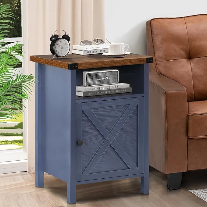 Catrimown Farmhouse Nightstand with Barn Door and Shelf, Side Table, Rustic End Table for Bedroom, Living Room, Navy Blue-NeatNest
