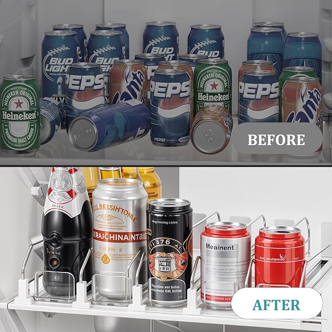 Drink Organizer for Fridge, Soda Can Organizer Dispenser for Refrigerator with Automatic Pusher Glide, Width Adjustable Clear Dividers Can Holder for 6-20oz Beverage, 15''D x15.4''W, 5 Rows