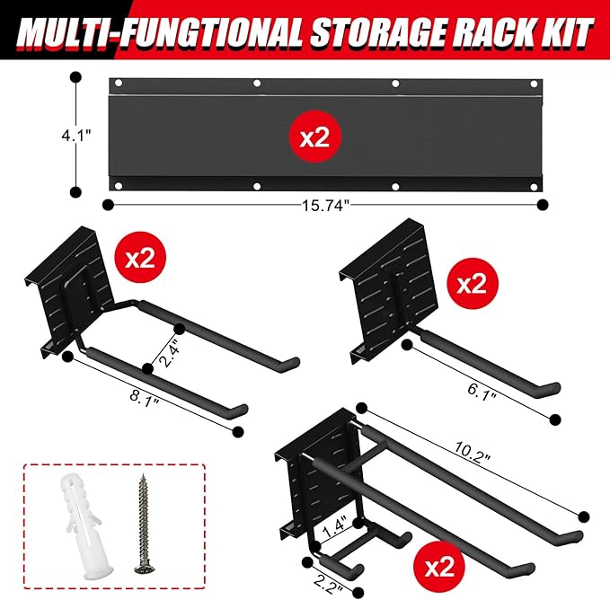32 Inches Garage Organization,Wall Mount Garden Tool Organizer, 440lbs Adjustable Heavy Duty Metal Hanging Hooks, Garden Tool Hangers Storage Rack for Garage, Yard, and Shed (2 Racks, 6 Hooks)