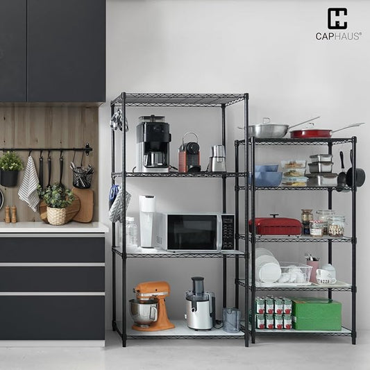 CAPHAUS NSF Wire Shelves Metal Wire Shelving Unit w/Liners, Kitchen Storage Shelving, Metal Steel Storage Shelving, Garage Shelving Storage Organizer, Utility Shelf, 4-Tier No Wheels, Black-NeatNest