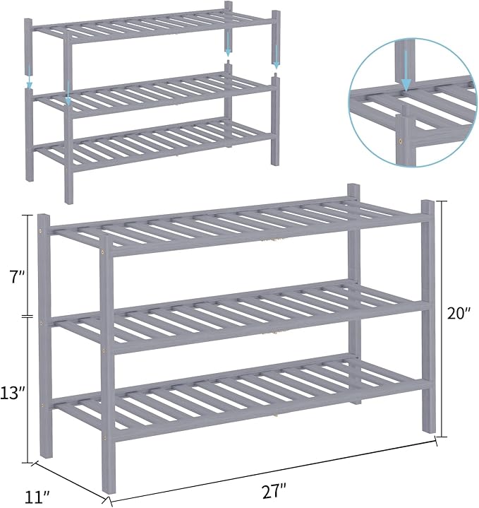 Shoe Rack, 3 Tier Bamboo Shoe Rack for Closet, Stackable Wooden Shoe Organizer, Free Standing Wood Shoe Shelf for Entryway Small Space, 27" x 11" x 20", Grey-NeatNest