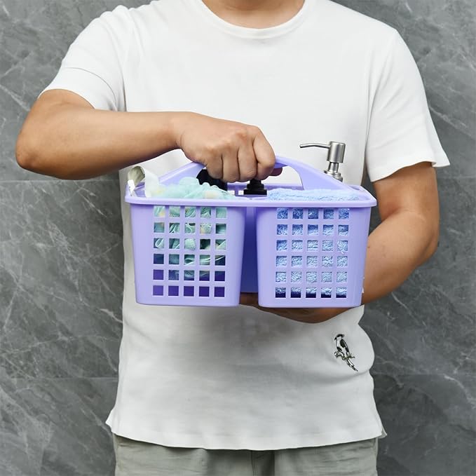 Haundry Plastic Shower Caddy Basket with 3 Compartments, Portable Divided Cleaning Supply Storage Organizer with Handle (Purple)-NeatNest