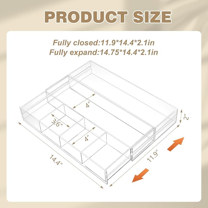 Acrylic Drawer Organizer Maximum 15.7 x 14.4 x 2.2 Inch Expandable Clear Drawer Organizer Pens Notebook Ruler Makeup Tray with 7 Adjustable Compartments for Desk Office Kitchen Bathroom