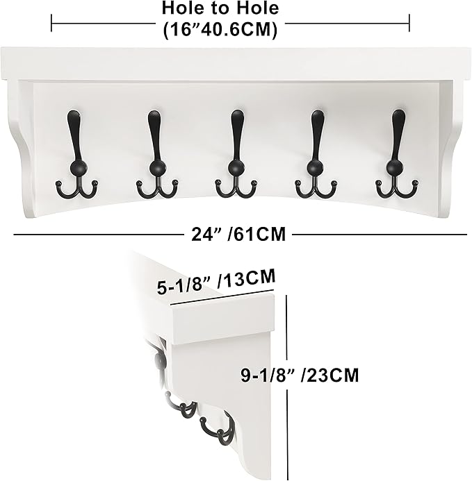 Dseap Coat Rack Wall Mounted With 5 Tri Hooks 24-Inch Heavy Duty Wood Entryway Shelf, Coat Hanger, White & Black