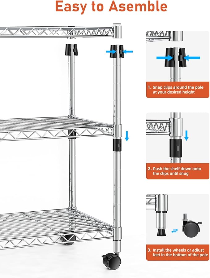 HealSmart 3-Tier Heavy Duty Storage Shelves 750Lb Capacity, 24.02" D x 13.78" W x 29.92" H Adjustable Shelving Unit with Wheels, Chrome-NeatNest