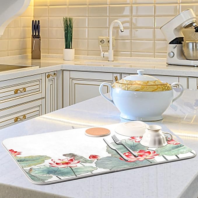 Absorbent Dish Drying Mat for Kitchen Counter - Watercolor Lotus Microfiber Drying Pad, Reversible Drainer Mats for Countertop, Small 16" x 18"