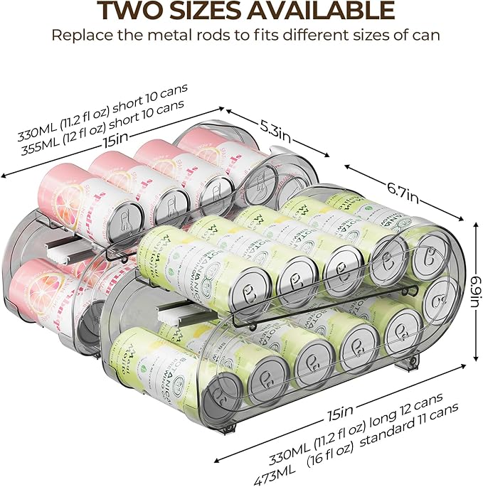 Drink Organizer for Fridge, Soda Can Organizer Dispenser for Refrigerator with Automatic Rolling,Organize Standard Size 11.15oz or 12oz Cans Drink,Save space for Fridge、Kitchen、countertop (2 pack)