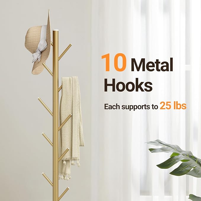 ELYKEN Coat Rack Freestanding with Natural Marble Base, Metal Coat Rack Stand with 10 Hooks, 3 Adjustable Size Coat Tree for Bags, Clothes, and Hats for Entryway, Bedroom, Hallway, Office, Gold-NeatNest